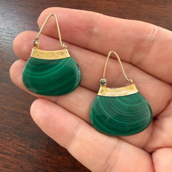 Vintage Jewelry - Natural malachite gold plated sterling silver drop earrings